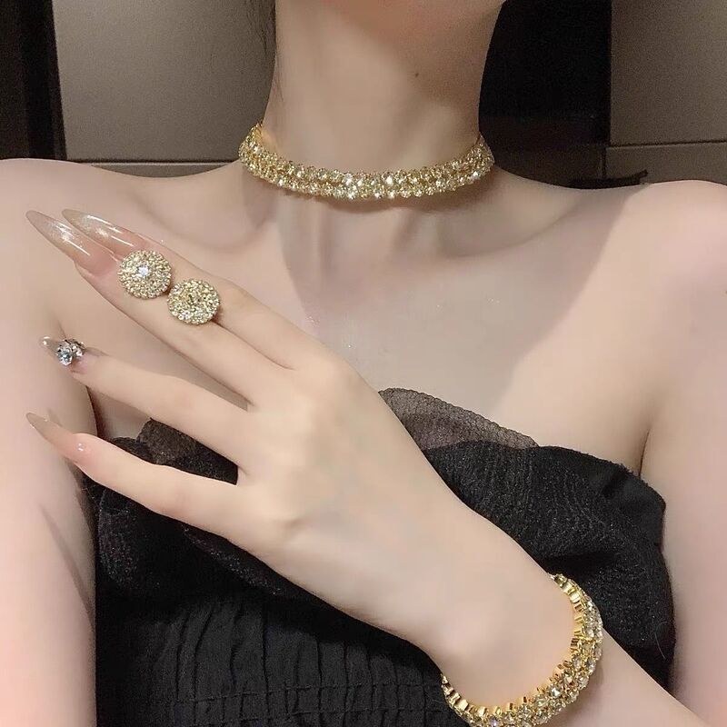Diamond-Encrusted Double-Layered Double-Round Earrings, Bracelets, Necklaces, Light Luxury Niche Versatile Sets, Fashionable and Personalized Cool Style Jewelry