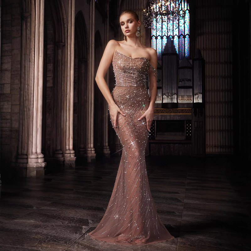 European and American Foreign Trade Women's Clothing: Sexy and Hot Party Dress with Straps, Rhinestones, Bodycon Fit, Mesh See-Through Mermaid Evening Gown European and American Foreign Trade Women's Clothing: Sexy and Hot Party Dress with Straps, Rhinestones, Bodycon Fit, Mesh See-Through Mermaid Evening Gown