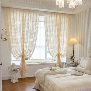 Tangmei Foreign Trade Transparent Curtain Window Screen Wholesale Nordic ins Beige Hollow Diamond Plaid Living Room Bedroom Curtain