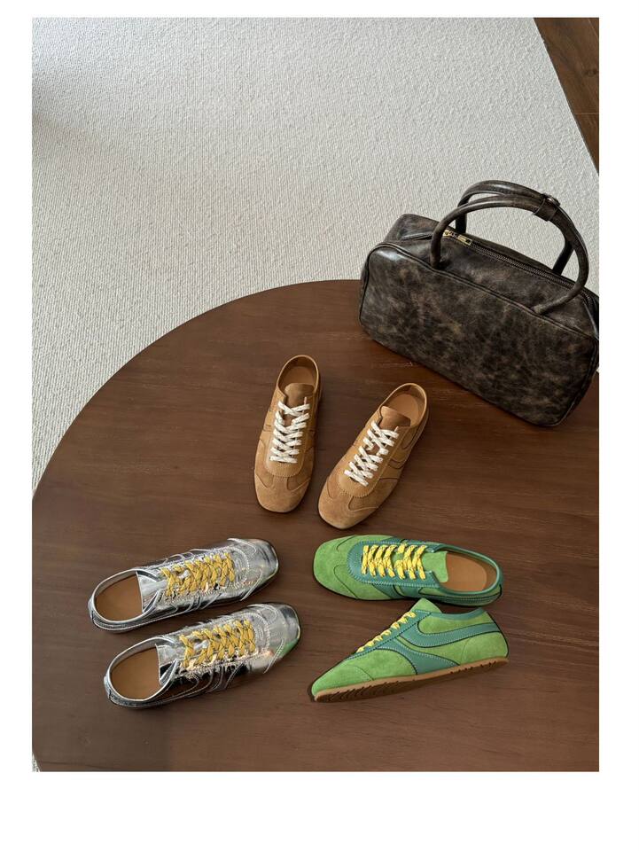 Giày sneaker nữ da thật cổ thấp dáng cổ điển buộc dây phối màu — Bạc, màu nâu, màu xanh lá cây, màu đỏ chi tiết 35