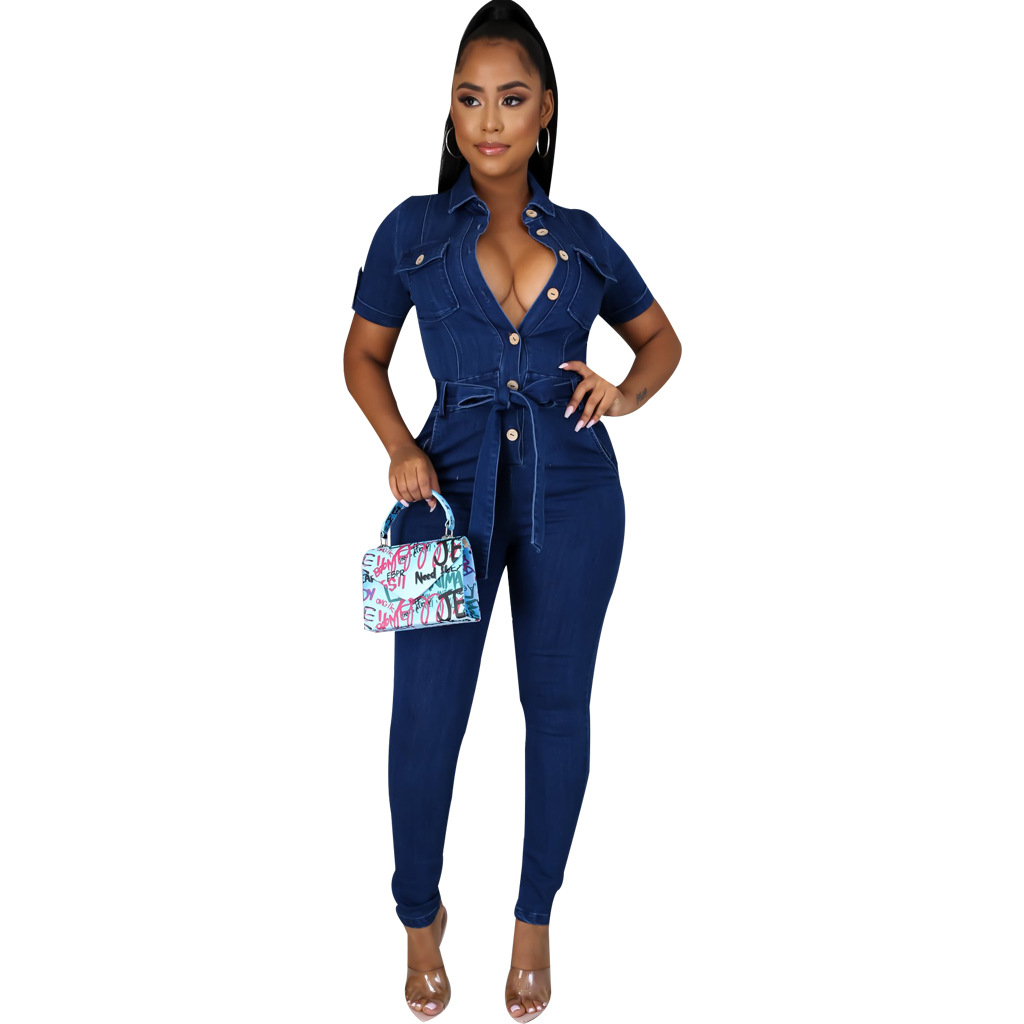 Long Sleeve Single-Breasted Denim Jumpsuit NSMRF116559