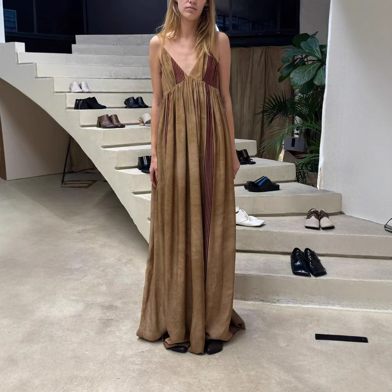 Designed Hand-Dyed Tea-Dyed Stripesd Deep V Neck Suspender Dress New Summer Women's Clothing