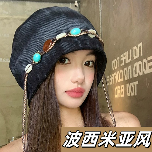 波西米亚风串珠流苏包头帽女宽松百搭复古大头围显脸小堆堆帽子潮
