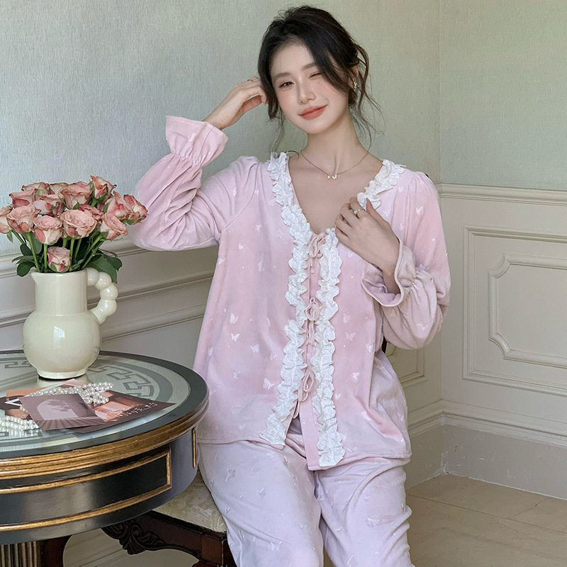 法式新款睡衣冬季女士水貂绒长袖套装印花高级感舒适家居服可外穿|undefined