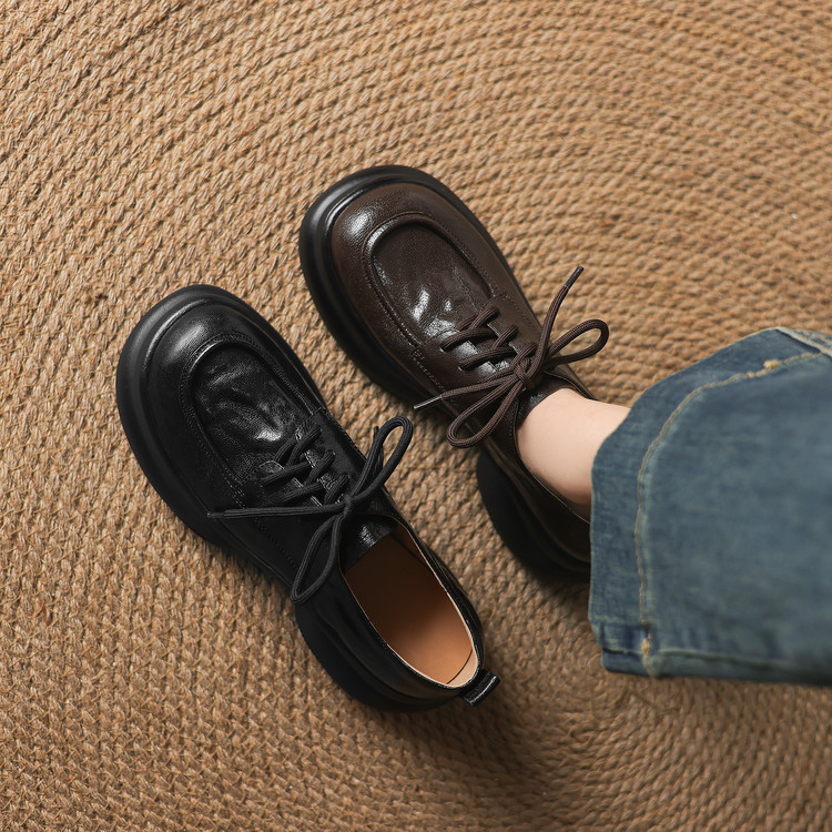 Peiqi 2026 Spring New Style Round-Toe Thick-Soled Lace-Up Sheepskin Fashion Women's Shoes Black Brown 12-22I