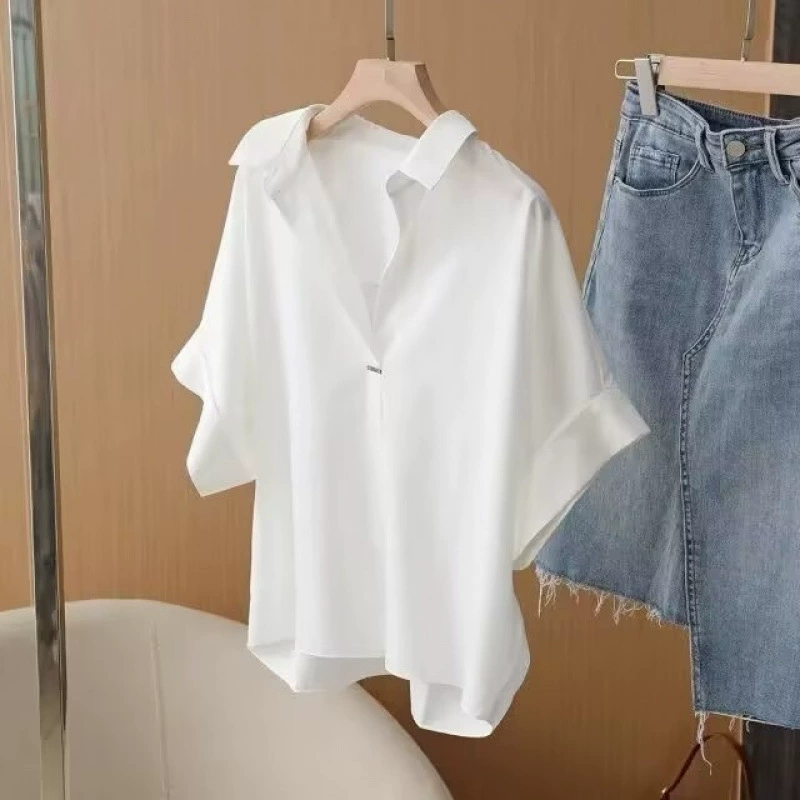 Рубашка с короткими рукавами женская 2025 новая летняя летучая мышь рукава свободная дикая рубашка тонкая крышка шифоновая куртка
