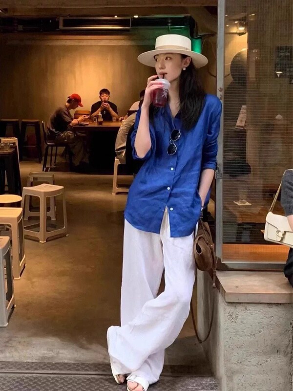 Old Money Style Linen Shirt Women's Summer New Sun Protection White Cotton and Linen Shirt High-End Wide-Leg Pants Suit