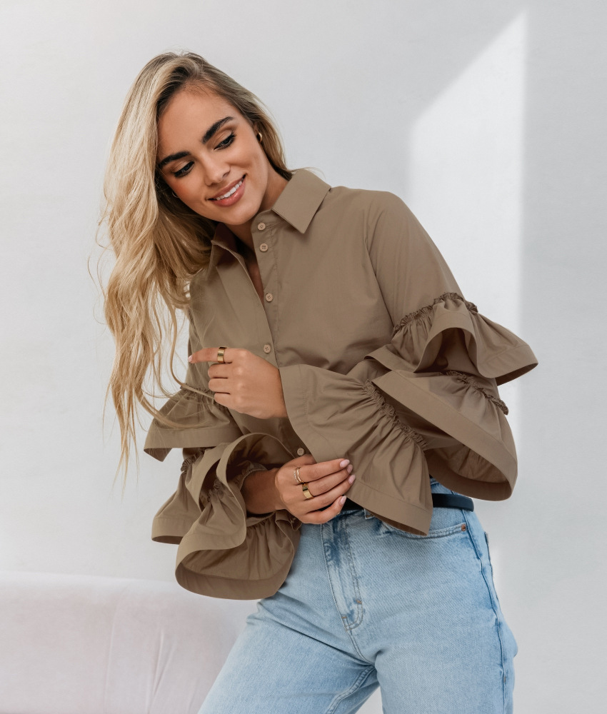 Slim Fit Type Wholesale Women's Elegant Solid Color Long Sleeve Ruffles Blouses