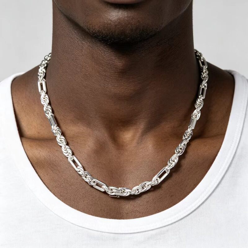 Cross-border men's paperclip Cuban twist necklace, made of copper with thick silver plating, nano-coated, hip-hop style, street style, bold accessory