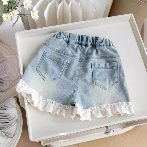 Summer Floral Edge Heat Shorts 2024 New Korean Style Cartoon Rabbit Embroidery Earbud Edge Stretch Denim Shorts