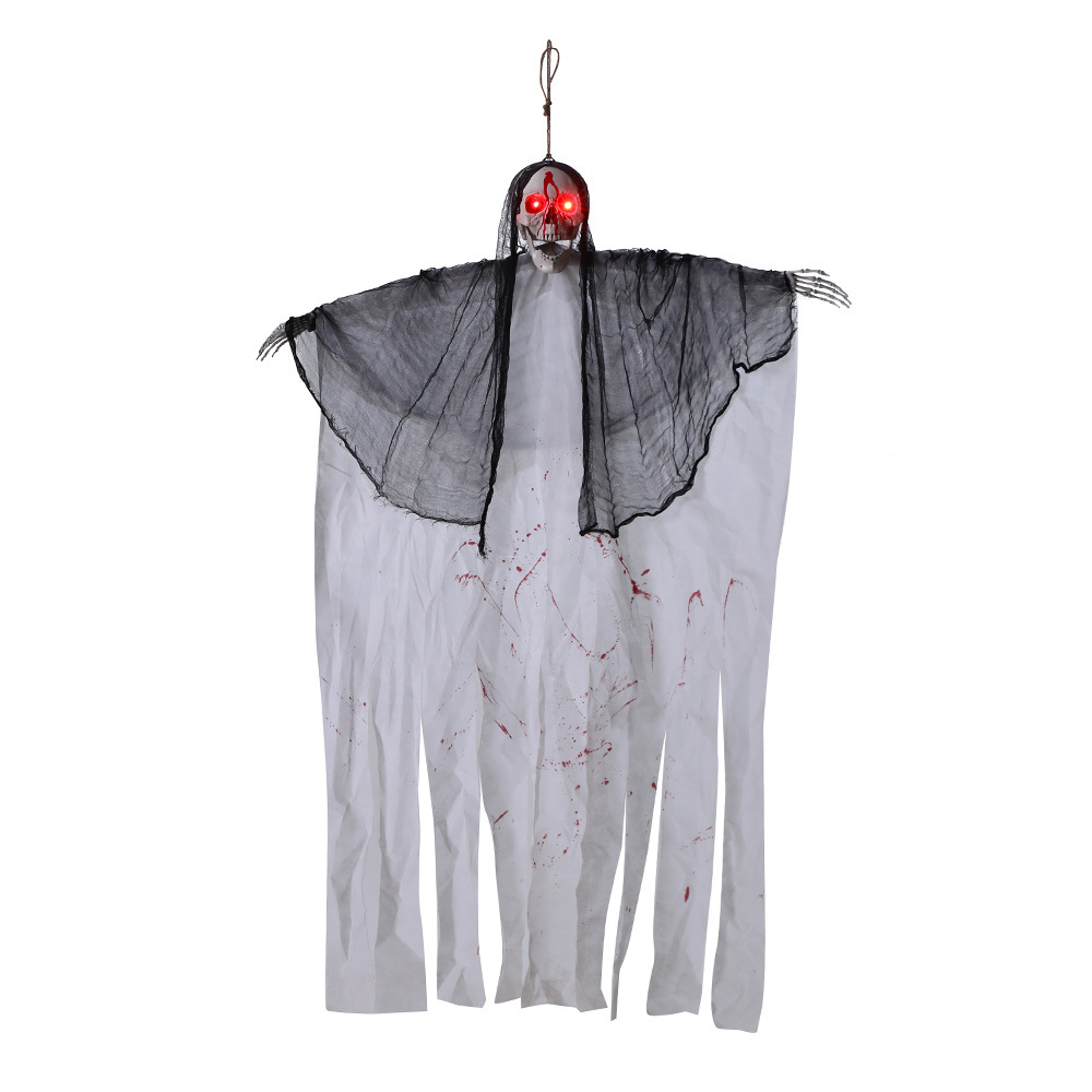 Decoración de Halloween colgando fantasmas controlados por voz brillante cara de sangre colgando esqueleto habitaciones fantasmas embrujadas decoración de horrores accesorios