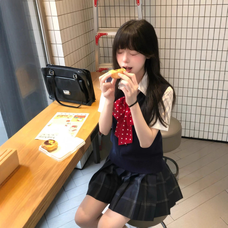 College Style Solid Color Versatile V-Neck Knit Pullover Sweater and Pleated Skirt Set Jk Uniform School Style