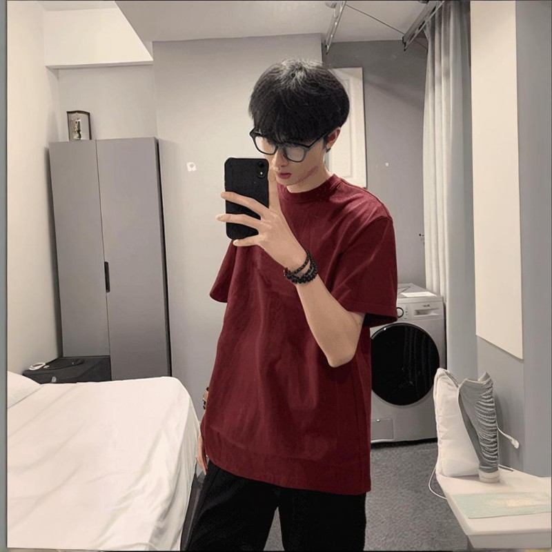 小领口纯色短袖男夏季cleanfit黑色t恤潮牌重磅美式纯棉打底衫男|undefined