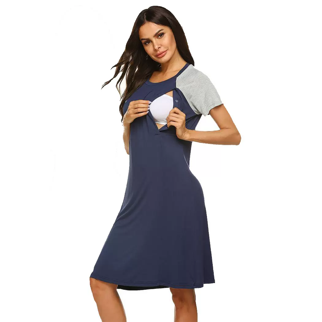 春夏跨境欧美外贸女装哺乳孕妇裙睡裙居家休闲撞色莫代尔睡裙女