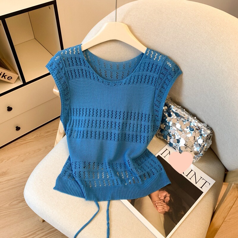 Summer Thin Ice Silk Knit Vest for Women, Hollow-Out Drawstring Design, Front Long and Back Short, Plus Size, Suitable for Layering under a Blazer