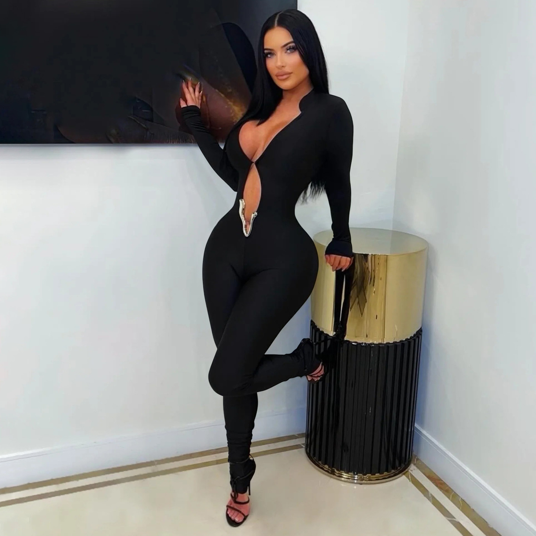 Sexy Deep V Long Sleeve Jumpsuit Solid Color Tight Fit_voghion.com