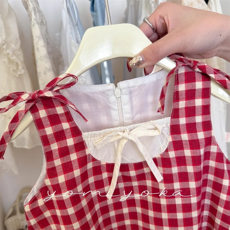 ¡Envía una diadema!! Vestido de bosque a cuadros rojo de siete niñas de limón salado verano nuevo estilo vestido de chaleco femenino para niños