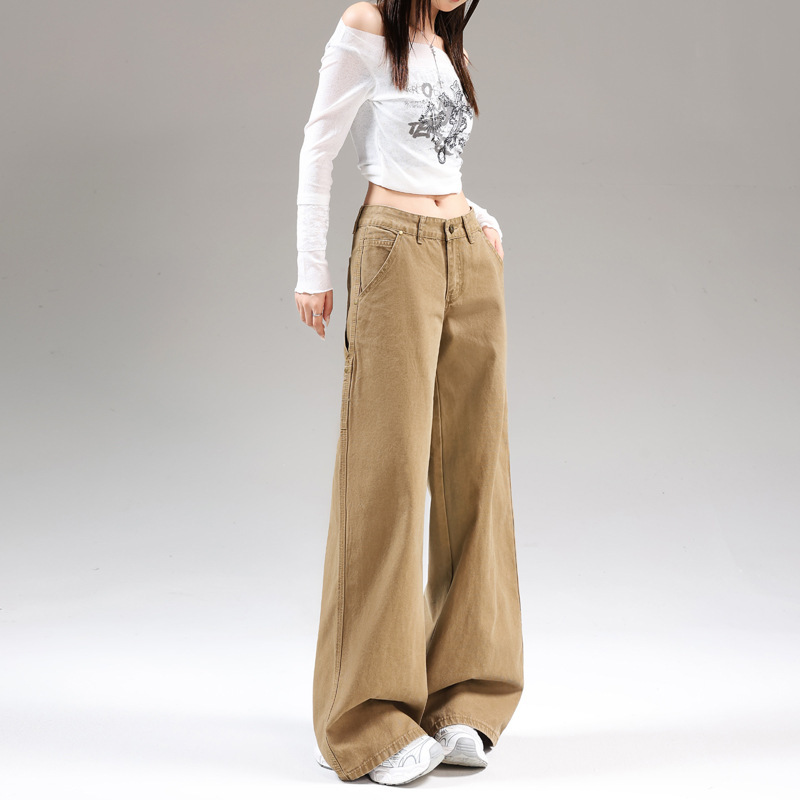 美式复古阔腿工装牛仔裤女2025年春秋季新款低腰宽松直筒阔腿裤子|undefined