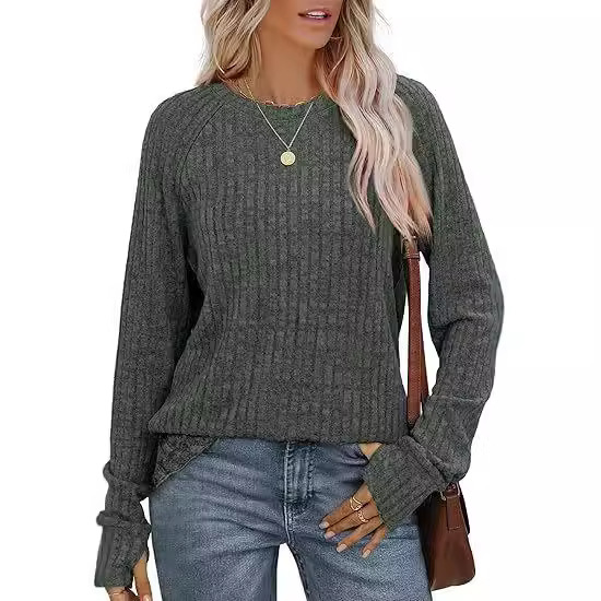 아마존 국경 유럽 및 미국 여성 느슨한 캐주얼 긴팔 크루 넥 티셔츠 핏 스크럽 탑