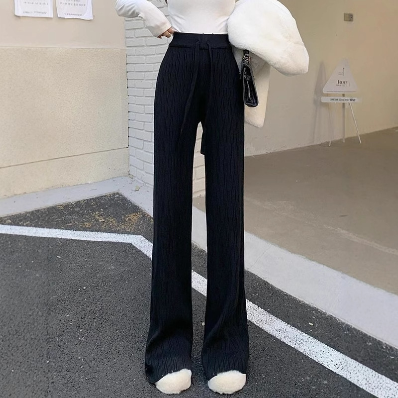 Pantalón Tejido de Tiro Alto y Corte Recto de Mezcla de Caxemira