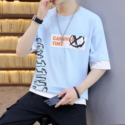 Summer new men's crewneck short-sleeved T-shirt, youth-style faux two-piece half-sleeved Korean-style slim-fit base layer shirt, casual and versatile.