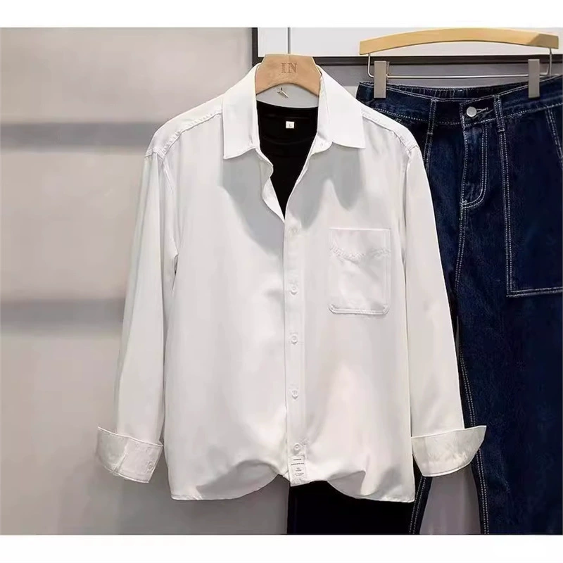 Новый красивый с длинными рукавами подросток мальчик свободный дикий простой сплошной цвет повседневная рубашка 2024 лето новое