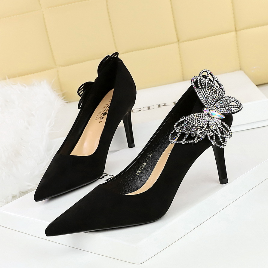 7236-H62L European And American Style Banquet Side Rhinestone Bow Heels Stiletto Shallow Suede High Heel Pumps_voghion.com