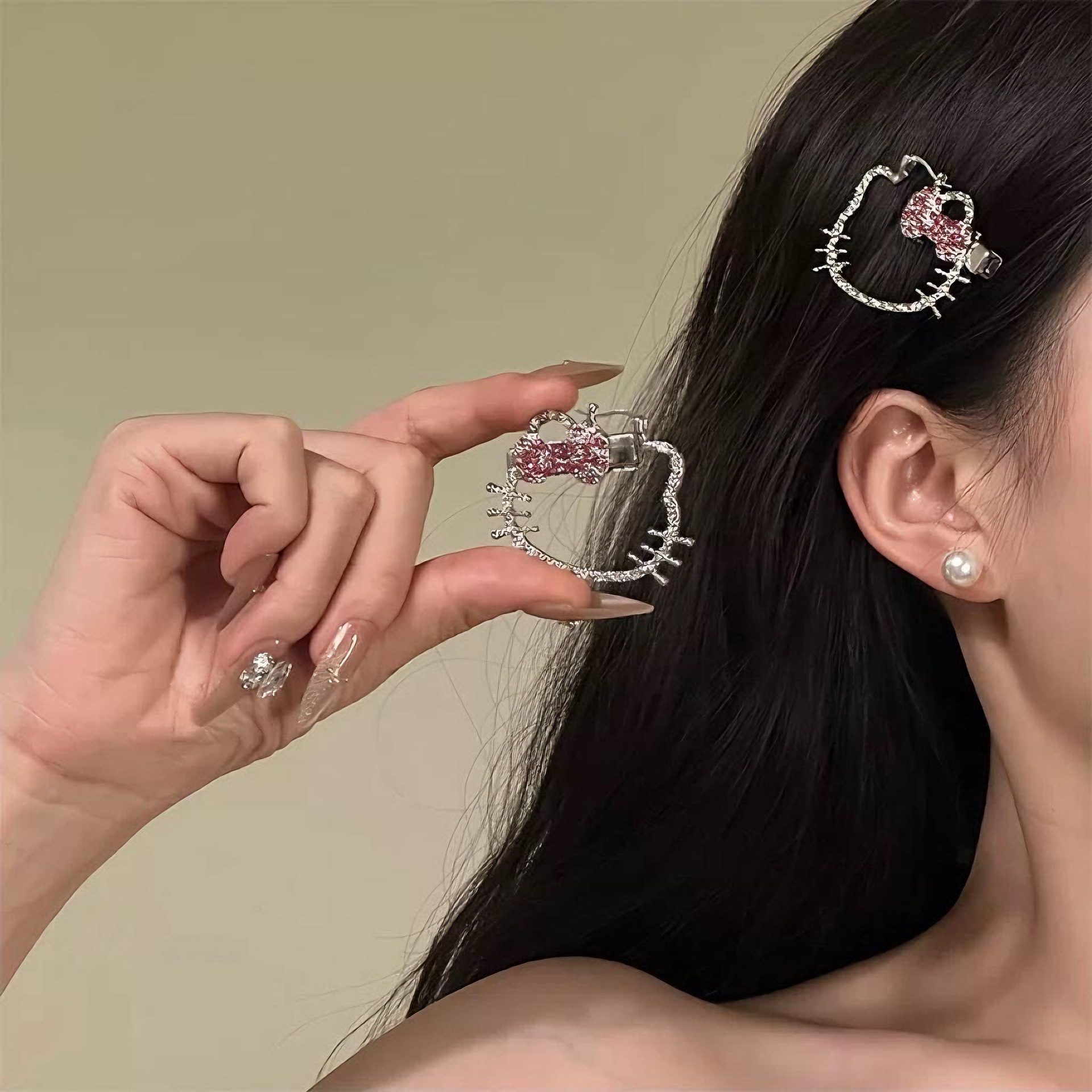 Sweet and Cute Pink Rhinestone Sweet Kt Cat Side Bangs Clip New Sweet Girl Versatile Hairpin