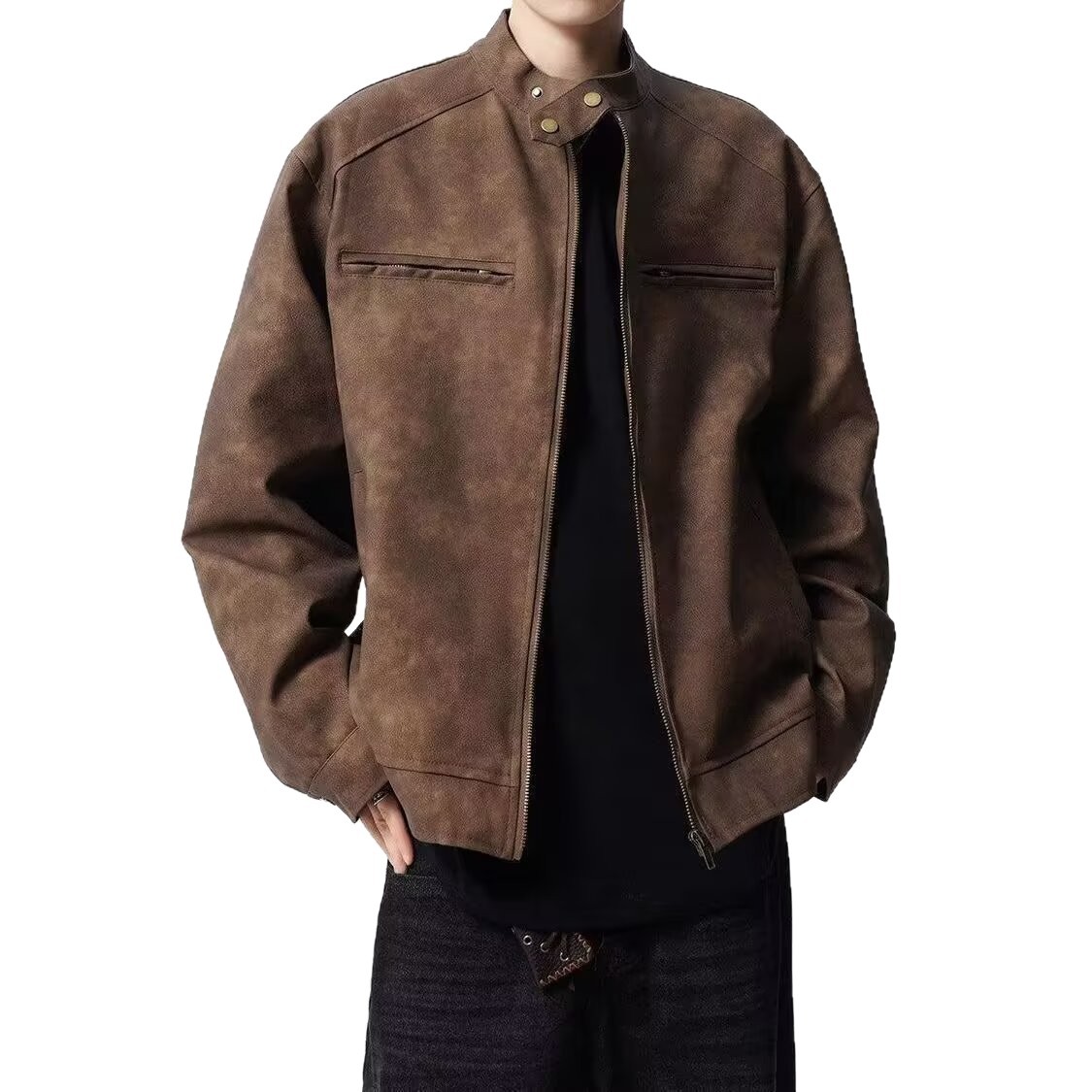 boy American Style Brown Leather For Men High-End Cleanfi Flight Loose Casual Motorcycle Jacket Men's Clothing_voghion.com