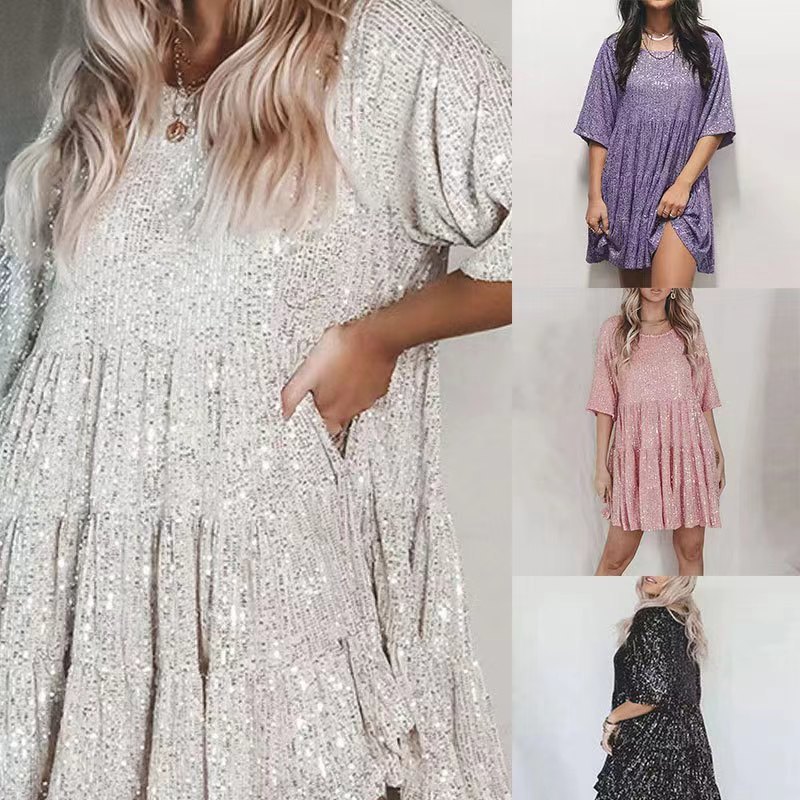 European and American cross-border foreign trade new direct selling solid color fashion sequined round neck loose waist short sleeve dress banquet dress