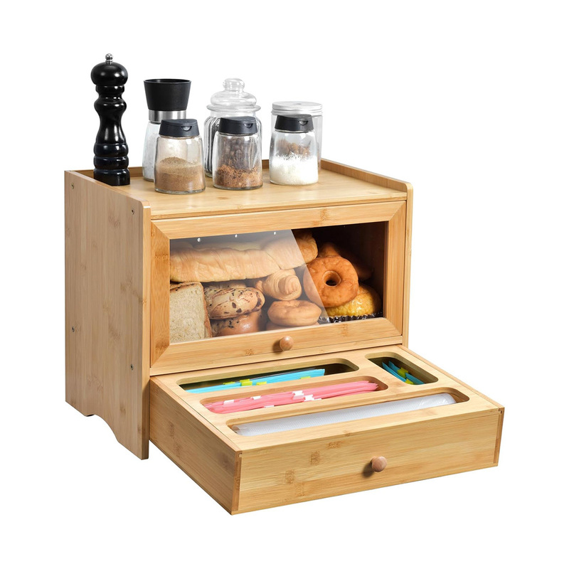Amazon ベストセラー竹製パンボックス引き出し付き食品防塵ラップ付きコンパートメント引き出しキッチンパンボックス|undefined