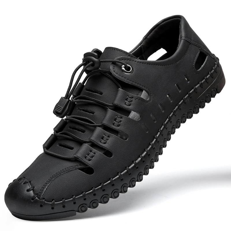 Men's summer genuine leather sandals, non‑slip soft sole, breathable cutouts — sizes EU 38–47