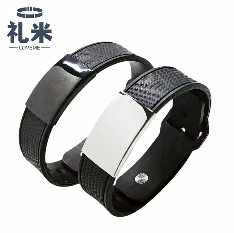 Cross-border 1.8cm widened black rubber smooth apple bracelet DIY lettering youth sports stainless steel bracelet