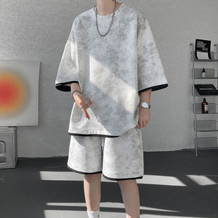 Tie-Dye Fake Two-Piece Short-Sleeved T-Shirt Suit for Boys Summer Trendy Two-Piece Loose Large Size Casual Sports Suit