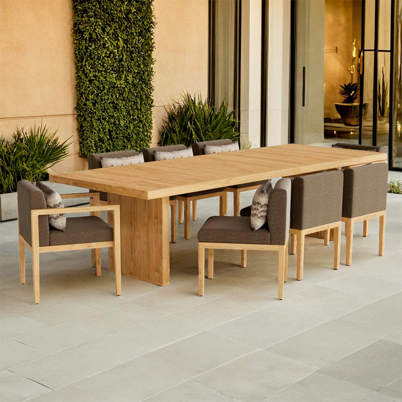 Mesa y sillas de madera maciza al aire libre patio villa terraza mesa larga de madera hotel jardín alojamiento residencial impermeable tablas y sillas de teca solar