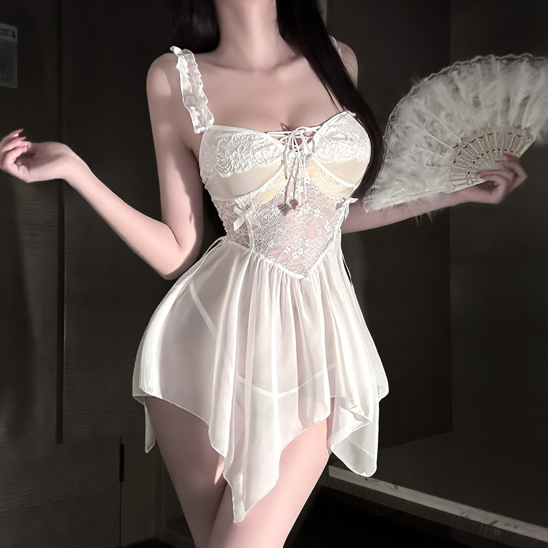 Sexy Lingerie with Mesh See-Through Backless Lace Camisole Dress with Open Crotch and Beaded Design, No Need to Take Off, Atmospheric Nightdress