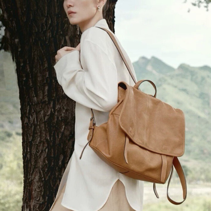 Qiu Zhen Vegetable-Tanned Sheepskin Messenger Series Backpack Large Capacity Commuting Casual Backpack 2025 New Versatile Model