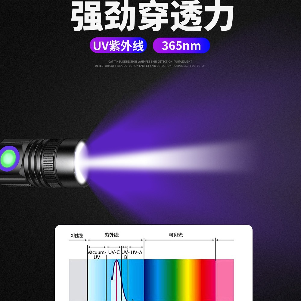 Agente fluorescente anti-falsificación linterna Gato Moss detección UV curado Jade identificación UV365nm púrpura linterna