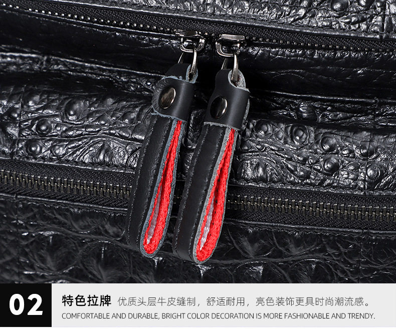 Ba lô da bò thật họa tiết vân cá sấu, ngăn laptop 15.6 inch, 30x11x40 cm — Biển kéo kim loại vân cá sấu, Vân cá sấu màu đen chi tiết 22