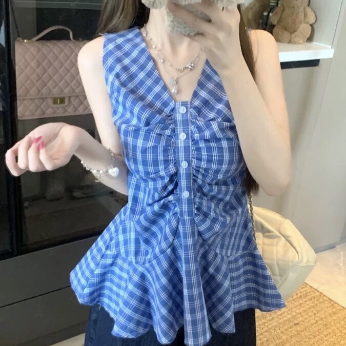 韩系蓝色格纹无袖吊带衬衫女夏季新款法式小众设计感显瘦宽松上衣|undefined