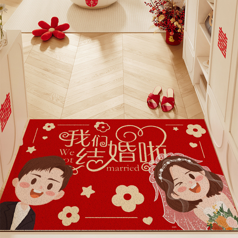 漫画の結婚式の玄関ドアマット、赤いハッピーワードシルクサークルフロアマット、玄関ドアの泥と土のスクラッチマット、結婚式の部屋のお祝いカーペット|undefined