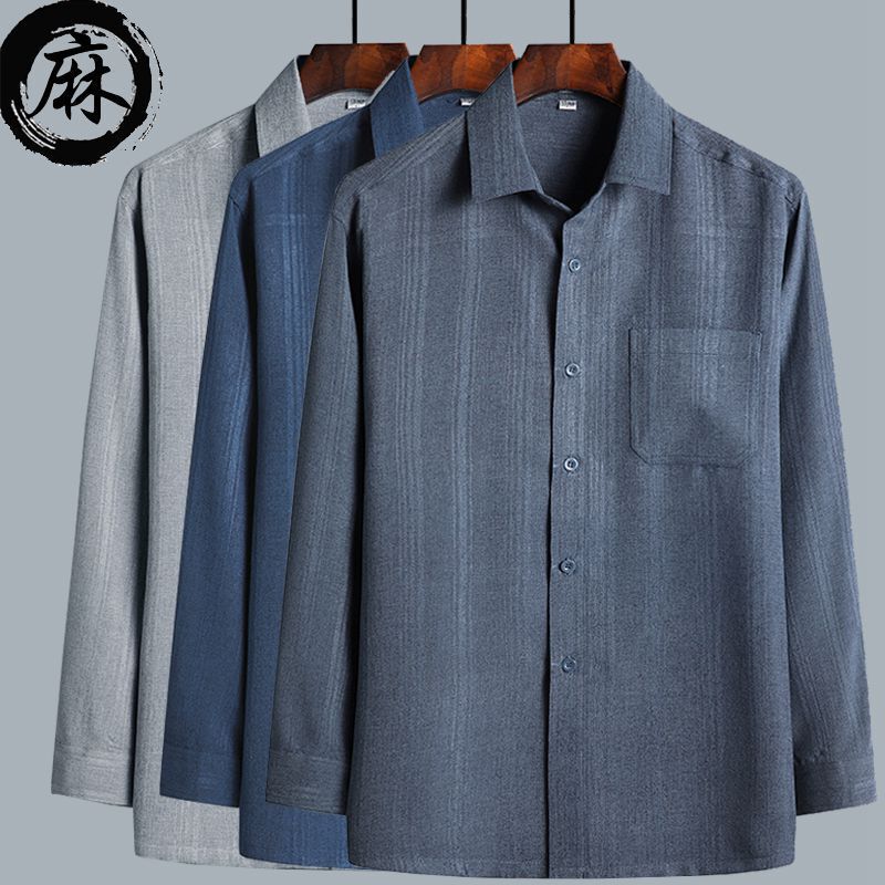 Middle-Aged and Elderly Men's Long-Sleeved Shirts Spring and Summer Thin Loose Cotton and Linen Shirts for the Elderly Grandpa Plus Size Dad Wear