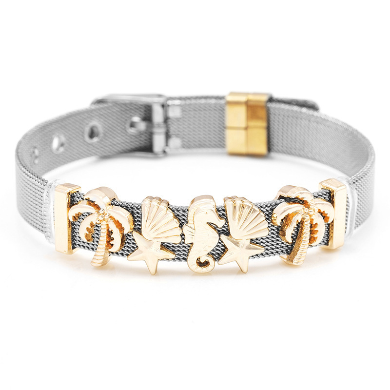 Unisex Gender Plating Design Marine Style Coconut Tree Starfish Hippocampus Stainless Steel Plating Watch Strap