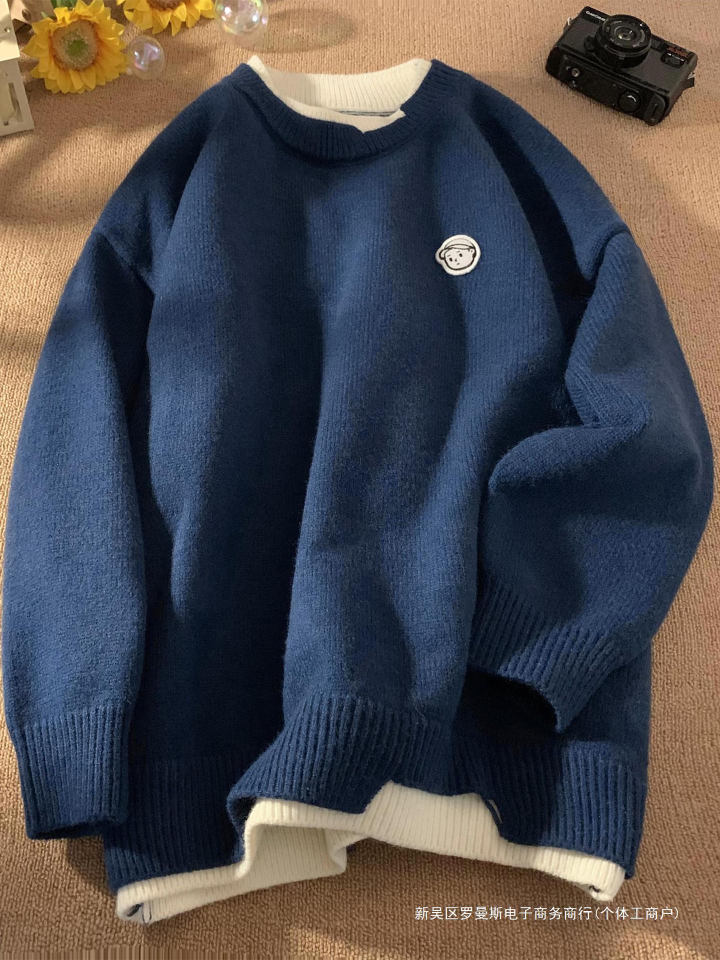 @ Hong Kong style Artistic Men's Japanese style fake two-piece sweater men's autumn and winter round neck sweater winter men's inner sweater