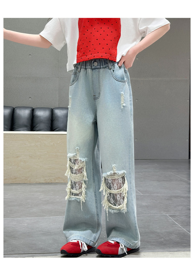 A25036 Style Ripped Lace Jeans Wide Leg New Children's Miscellaneous European And American Jeans_viptrois.com