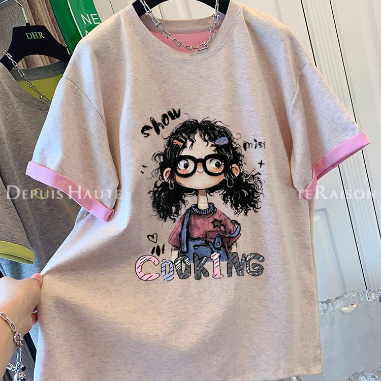 Korean Style Glasses Girl Printed Short-Sleeved T-Shirt Women's Summer New Fashion Casual Lazy Style Loose Contrast Top