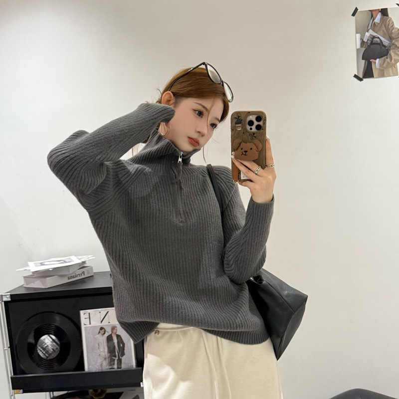 Autumn and Winter Half-Zip Solid Color Knit Sweater for Women, New Korean Chic Casual Lazy Style Pullover Sweater Autumn and Winter Half-Zip Solid Color Knit Sweater for Women, New Korean Chic Casual Lazy Style Pullover Sweater