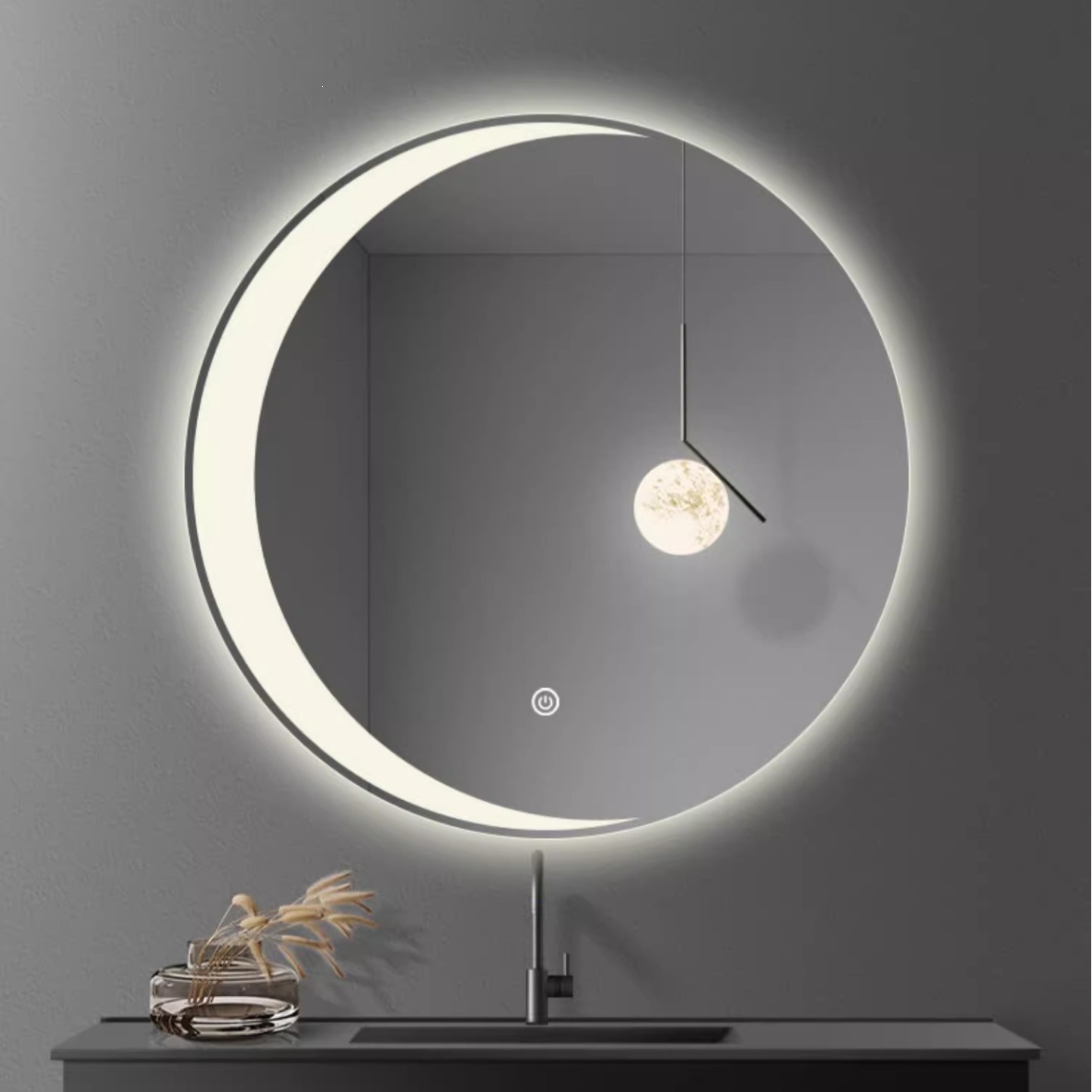 Espejo de baño inteligente en forma de media luna colgado en la pared espejo artístico creativo inodoro lavabo espejo de maquillaje casa colgado en la pared