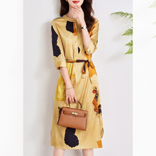 弹力缎重磅真丝连衣裙女2025新款夏季大码妈妈装印花桑蚕丝裙子