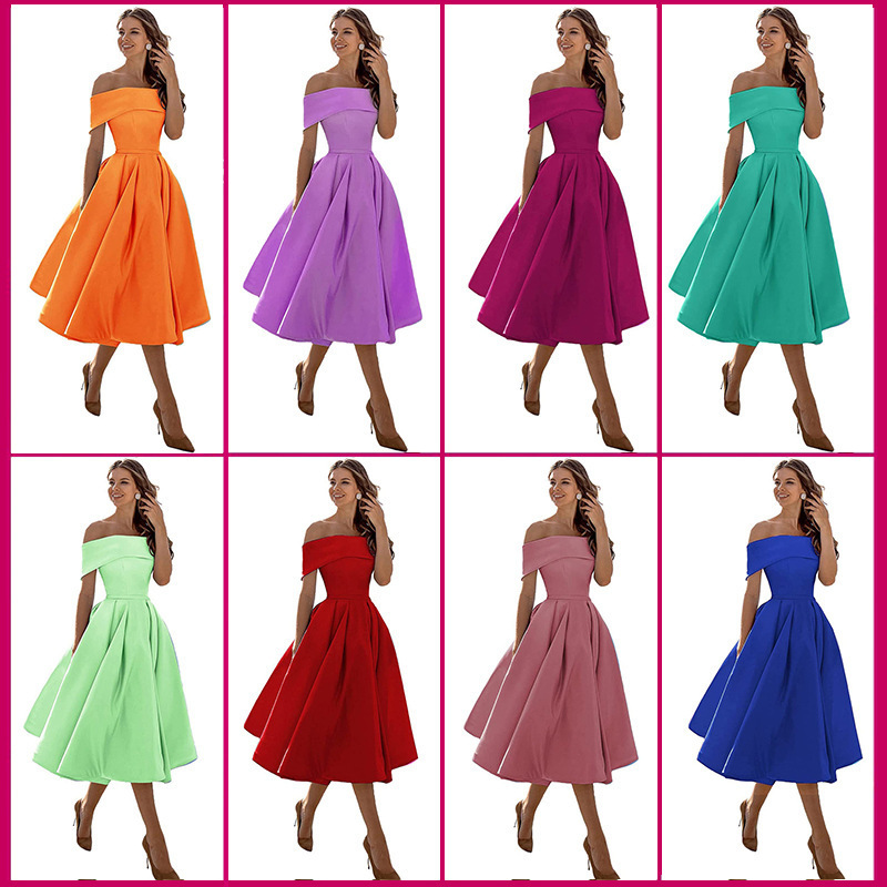 Elegant European and American Summer Wholesale Women's Off-Shoulder Bridesmaid Dresses Short Satin Party Formal Dresses Long Dresses